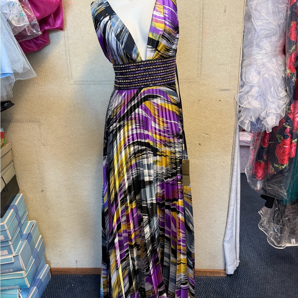 Plunge V-Neck Maxi Dress in Purple, Black & Yellow Stripe